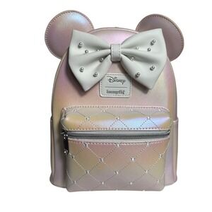 Loungefly Minnie Mouse Coquette Pearl Bow Iridescent Figural Mini Backpack NWT